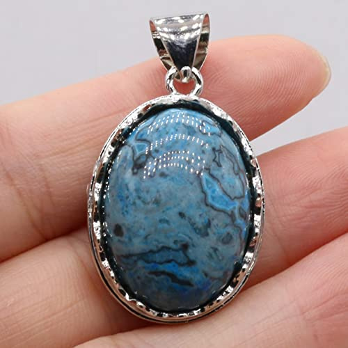 Naturstein Muschel Anhänger Ei Cabochon Perlen Amethysten Tigerauge Abalone Muschel Charms für DIY Halskette,Blauer verrückter Achat