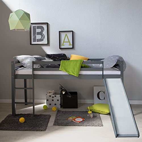 Homestyle4u Kinderbett 90x200 Grau Hochbett mit Rutsche & Lattenrost | Massives Kiefernholz, stabiles Bettgestell f1r Kinder, Leiter beidseitig montierbar, inklusive Rausfallschutz