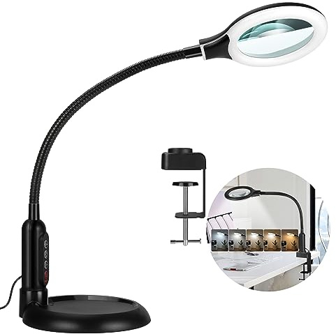 TOMSOO 10X Magnifying Glass with Light and Clamp, 5 Color Modes Stepless Dimmable Lighted Magnifier with Stand, Flexible Gooseneck LED Desk Lamp Hands Free for Craft Reading Painting Hobby Close Work