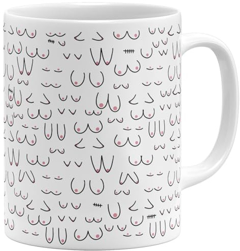 OM3® witzige Boobies Doodle Kaffeetasse mit Brüsten - Titten Tasse Brüste-Muster II - Keramik Becher - 11oz 325ml - Rundumdruck - Weiss
