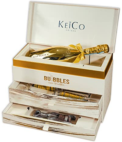 Bottega Prosecco DOC 75cl KeiCo Luxe Gift Box Hamper with 2 Gold Champagne Flutes and Solid Chocolate Corkscrew - Congratulations, Birthday Prosecco Gifts For Women (Gold)