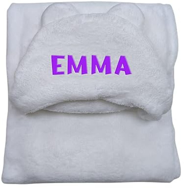 Varsany Personalisiertes Baby-Kapuzenbadetuch mit Teddyohren – 100% Polyester, weich, sehr saugfähig, atmungsaktiv, maschinenwaschbar – Baby-Jungen und Baby-Mädchen-Handtücher (Weiß – Vinyl)