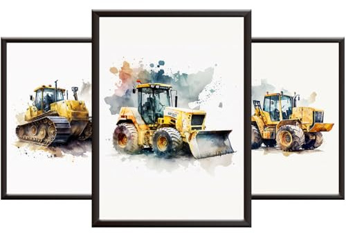3 Stück Baufahrzeug Poster für Jungen Schlafzimmer Wandkunst Dekor,Kleinkinder Schlafzimmer Bilder Bulldozer Loader Bagger Ungerahmt Jungen Wandkunst Poster Keine Rahmen A4 Bagger Druckset Spielzimmer