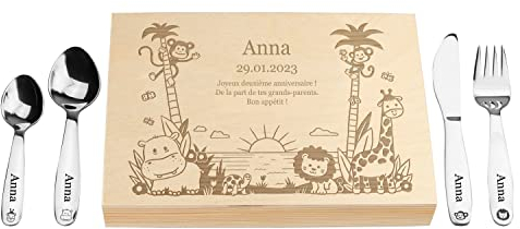 LAUBLUST Couverts pour Enfants gravés avec boîte - Cadeau personnalisée en Bois - Naturel - 4 pièces - Couverts de Table en Acier Inoxydable - Cadeau personnalisé (Jungle)