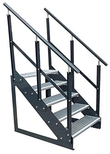 Caillebotis acier Escalier à limon 5 Marches Autoportant Entièrement galvanisé et Anthracite Côtés revêtus de poudre avec garde-corps des deux côtés - Dimensions (L x l x H) 101cm x 120cm x 95cm
