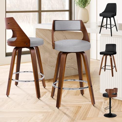 ALFORDSON Bar Stools Set of 2, Thick Padded Barstools, Wooden Kitchen Chair with Backrest and Footrest, for Dining Room Pub Bar Countertop, 150KG Loads, Fabric Linen, Light Grey