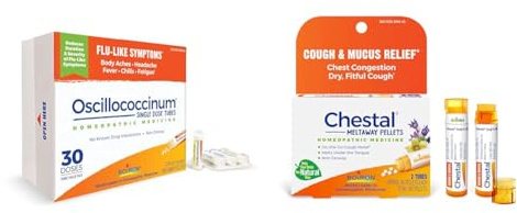 Boiron Oscillococcinum for Relief from Flu-Like Symptoms of Body Aches, Headache, Fever, Chills, and Fatigue - 30 Count & Chestal Cough and Mucus Relief for Adults, White, 80 Count, Pack of 2