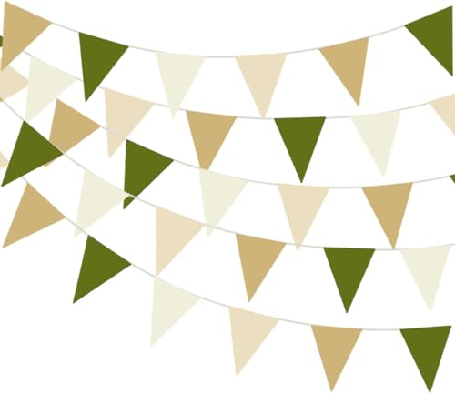Banderines de fiesta de 32 metros, color verde oliva, beige, marrón, banderín de tela crema, marfil, banderas triangulares champán, caqui, decoraciones neutras