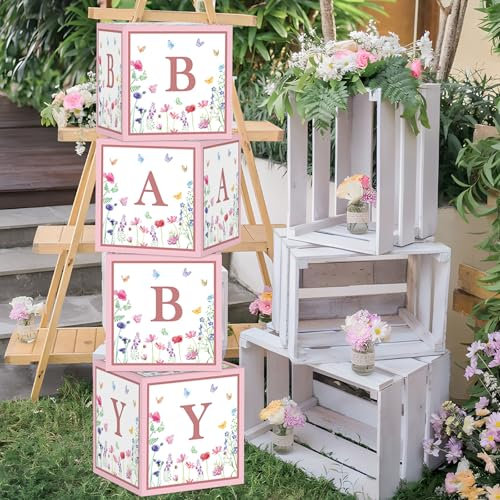 Wildflower Baby Decorations for Girl - Floral Baby Boxes with Letters, 4pcs Balloon Boxes, Blocks for Gender Reveal, Birthday Party Backdrop, Centerpieces - Pink
