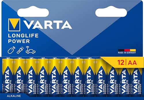 VARTA Batterien AA, 12 Stück, Longlife Power, Alkaline, 1,5V, ideal für Spielzeug, Funkmaus, Taschenlampen, Verpackung zu 90% recycelt, Made in Germany | LR6 mit 1,5 V, Made in Germany, bis 10 Jahre lagerfähig, für Spielekonsole, Zahnbürste, Maus, Controller oder Taschenlampe