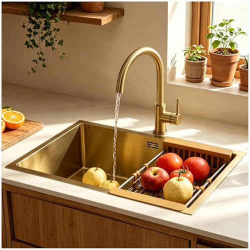 Fregadero Cocina 60 x 40 cm,Fregadero Bajo Encimera o Sobre Encimera,Fregadero Cocina 1 seno incluye grifo de cocina,Fregadero Cocina en Acero Inoxidable con Sifón,Rebosadero y Residuos,Oro Cepillado