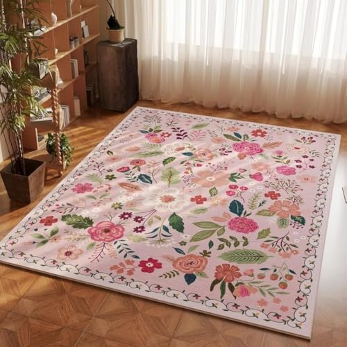 ARRITS Teppich Rosa 120x180 cm, Boho Blumen Teppich Wohnzimmer Schlafzimmer Kinderzimmer Kurzflor Teppich rutschfest Waschbar, Weich Flauschig Vintage Teppich Rechteckiger