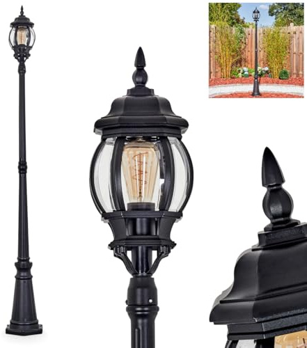 HOFSTEIN Kandelaber Lentua, Außenwegeleuchte aus Metall/Glas in Schwarz/Klar, Wegeleuchte im Vintage/Antik/Landhaus-Design für Garten, Außenbereich, Hof, Höhe 205 cm, 1 x E27, IP44