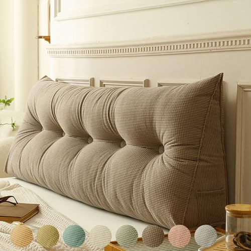Rückenkissen Bett Khaki 120cm, Groß Lesekissen für Bett und Sofa, Cord Bettkissen Rückenlehne Rückenpolster Keil Kopfteil Kissen, Dreieckige Rückenstützkissen Keilkissen Lendenkissen Kopfkissen