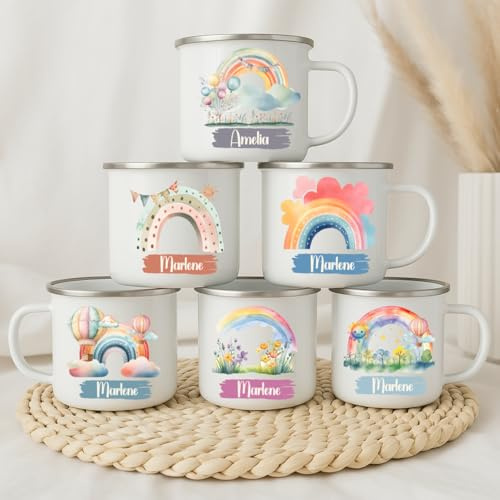 wolga-kreativ Emaille Tasse Regenbogen personalisiert mit Namen - Robuste Kinder Tassen, BPA-frei, Spülmaschinenfest Kinder Becher - Personalisierte Geschenke Baby Zur Taufe, Geburt, Weihnachten