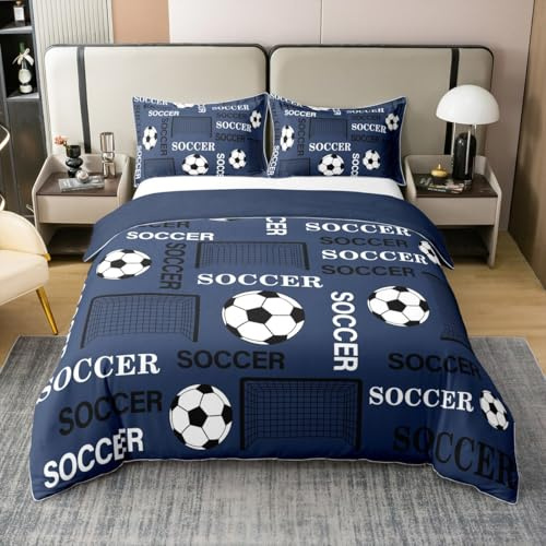 Castle Fairy 100% Cotton Soccer Boys Duvet Cover Full Size,Football Sports Bedding Set 3Pcs for Kids Teens Men Room Decor,Football Field Comforter Cover Modern Navy Blue Quilt Cover,2 Pillowcases