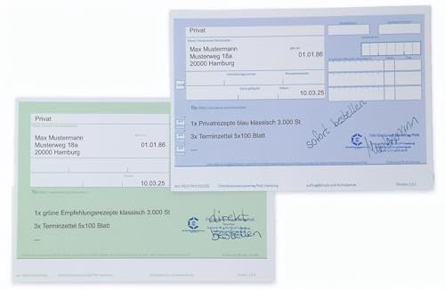 PKV-Rezepte: 2 x 300 Stk. KOMBI | Privatrezept (blau) + Empfehlungsrezept (grün) für Arztpraxis, Heilpraktiker & Klinik | Rezeptblock-Set DIN A6