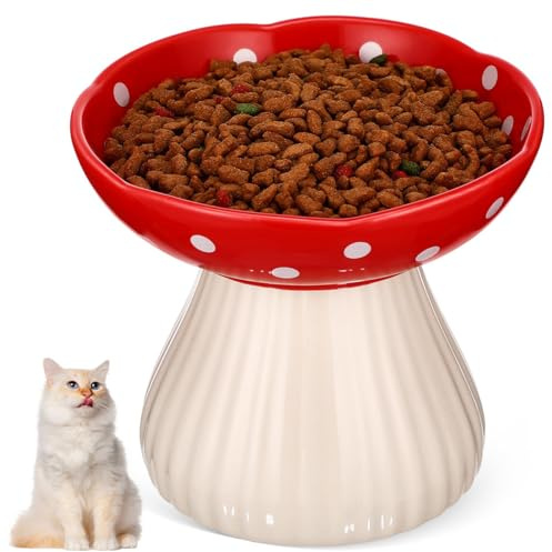 Ciotola rialzata per gatti in ceramica rialzata, per cibo e acqua, con cuscinetto protettivo antiscivolo in silicone, a forma di fungo, graziosa tazza d'acqua di sicurezza per gattini e cuccioli