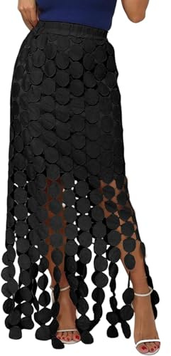 Kissonic Womens Long Fringe Maxi Skirt Summer Hollow Out Boho Elastic High Waist Skirt(Black-L)