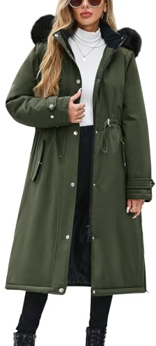 Yuson Girl Women's Coats Long Winter Jackets for Women Fleece Lined Ladies Coats Zipper Hooded Parka Elegant Warm Padded Puffer Jackets Windproof Outerwear With Drawstring, Pockets(Olive green, L)