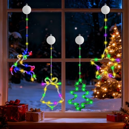 GAROMIA Weihnachtsbeleuchtung Fenster 4 Stück Weihnachtsdeko Fenster LED Hängelichter mit Saugnapf Lichterkette 8 Modi Batteriebetriebene (nicht enthalten) für Fenster Innen Außen Dekor Bunt