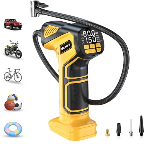 Ecarke Cordless Tyre Inflator: Air Compressor for De Walt 20V Battery, Max 10Bar(150 PSI)- Portable Electric Air Pump with Digital Pressure Gauge for Car, Motorcycle, Bike, Sports Ball etc(Tool Only)