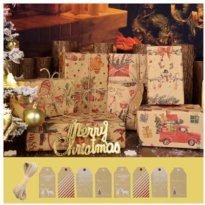Papel de Regalo Navidad 6 Hojas de Papel Kraft Reciclado con Cinta y Etiquetas Set de Regalo Navideño Elegante para Mujeres Hombres Niñas y Niños