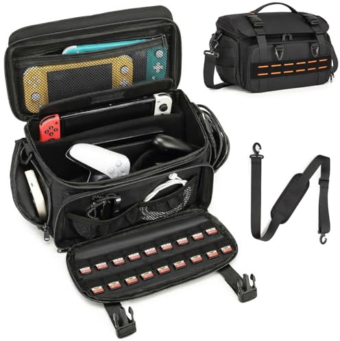 BISKLNDN Tactical Travel Gaming Bag Compatible with Switch/ Switch 2/Rog Ally X/Rog Ally, Portable Sling Carrying Case with 18 Game Card Slots, Holds Dock, Charger, Controller & Accessories