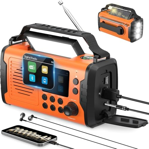 20000mAh Wind Up Radio with Bluetooth, DAB/FM Solar & Hand Crank Power Radio, Flashlight & Reading Light, USB Mobile Phone Charger, SOS Alarm, Portable Emergency Radio for Camping and Outdoor Use
