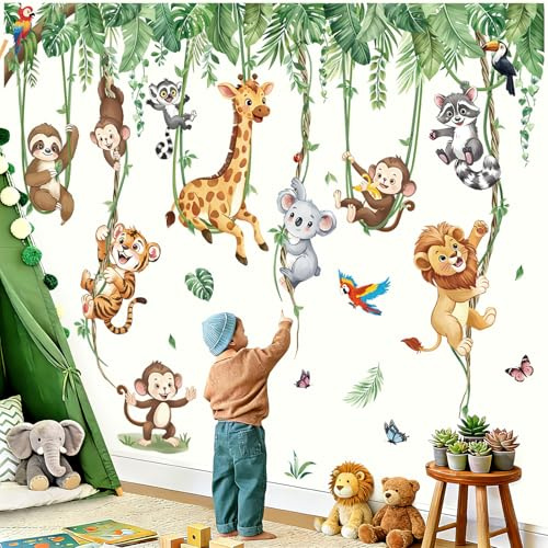 decalmile Sticker Muraux Animaux de Jungle Vigne Autocollant Mural Safari | Stickers Décoratifs Muraux Peel and Stick, Décoration Murale Amovible et Sûre pour Murs, Sticker Mural Couleurs Vives