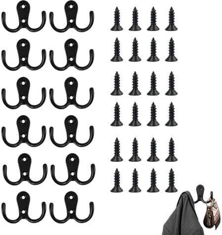 12PCS Crochets Muraux Doubles Noirs, Rétro en Métal Robuste, Patères Vintage avec Design Classique, Vis Incluses, pour Salle de Bain, Cuisine, Entrée, Vestiaire, Garage, pour Manteaux.