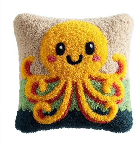 AxiangziK Kit De Cojín Gancho De Pestillo,Pulpo de dibujos animados Fundas de almohada bordadas preimpresas,gancho de pestillo para principiantes adultos,43x43cm