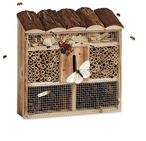 Relaxdays Casetta per insetti da appendere hotel per api casa farfalle legno marezzato HLP: 31 x 30,5 x 9,5 cm, beige