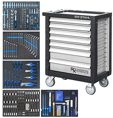 SW-Stahl Z3705 Werkstattwagen-Sortiment I Silber I bestückt 347 TLG I Werkstattwagen Werkzeugwagen gefüllt I Werkzeugschrank Lochwand I Werkzeug Set I Rollwagen Metall Werkstatt I Werkzeuge Kfz