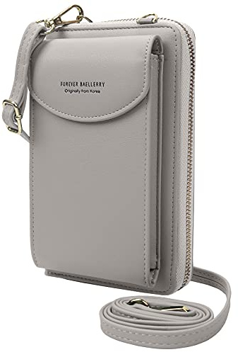 ZhengYue Crossbody Phone Bag for Women, Leather Ladies Cross Body Mobile Phone Pouch with Long Strap Zip Card Slots, Small Cellphone Shoulder Bag Coin Purse Wallet Grey