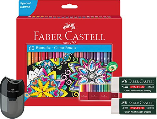 Faber-Castell 111260 - Buntstift Castle, 60er Kartonetui Malset inklusive Doppelspitzer und 2 PVC-freie Radierer