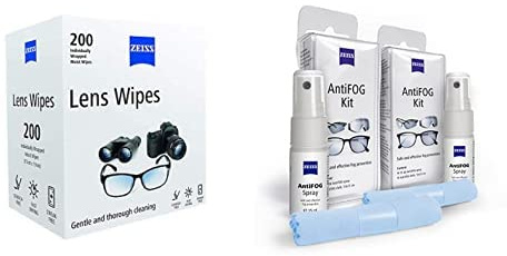 ZEISS Lens Wipes - Pack of 200 + ZEISS AntiFOG Kit (15 ml Spray and Treated Cloth), Pack of 2