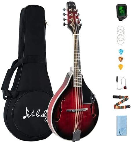Mulucky A Style Mandolins Instrument, 8 String Acoustic Mandolin with Beginner Kit for Adults Kids, Case, Tuner, String, Picks - Red | A-Style 8-String Mandolin: Elegant red finish with rich, bright sound. Complete kit includes a gig bag, tuner, and picks.
