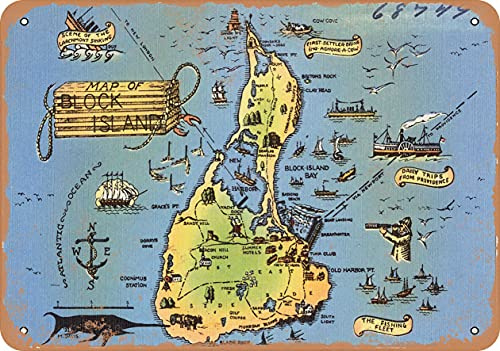 10 x 14 METAL SIGN - Rhode Island Postcard - Map of Block Island - Vintage Rusty Look