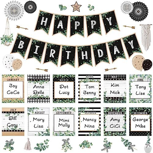48-teiliges Pinnwand-Set für Klassenzimmer, Happy Birthday, Dekoration, Eukalyptus, Grünpflanze, Geburtstag, Klassenzimmer, Dekoration, Natur-Geburtstagstabelle, Poster, Wand, Klassenzimmer, Themen