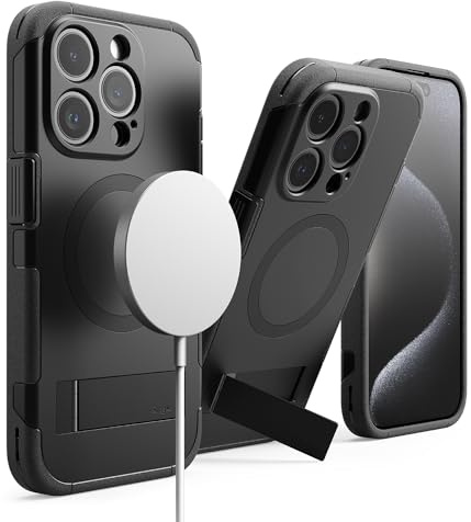 Ringke Alles [Compatible with MagSafe] for iPhone 15 Pro Max Case, [Built-in Kickstand] Rugged Shockproof Bumper Adjustable Stand Protective Phone Cover for Magnetic Charger/Accessories - Black