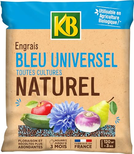 KB KBLEUBIO3 - Engrais Bleu Universel 3 kg - Floraison et récoltes plus abondantes - Nourrit cultures jusqu'à 3 mois - Epandage facile - Micro-granulés - Pour une surface de 120 m² -Fabriqué en France