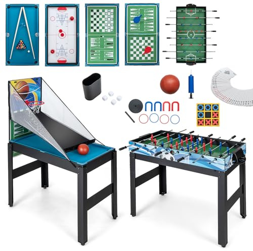 RELAX4LIFE 14 IN 1 Tavolo da Gioco Multifunzionale, Set da Tavolo Multigioco Biliardo Ping Pong Basket Calcetto Bowling Shuffleboard per Bambini e Adulti
