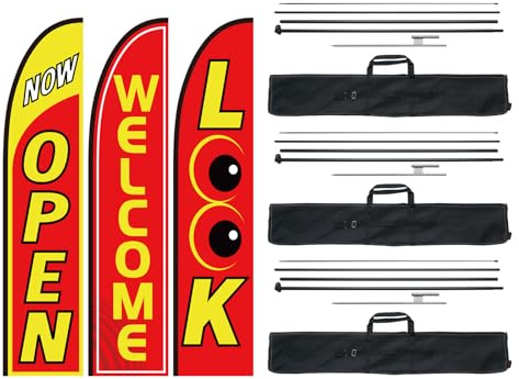 VEVOR Kit mâts de drapeau avec drapeaux plumes publicitaires, 3 drapeaux LOOK/OPEN/WELCOME, 3 poteaux, 3 piquets de sol, hauteur totale 498,5 cm pour entreprises, événement sportif, activité promo