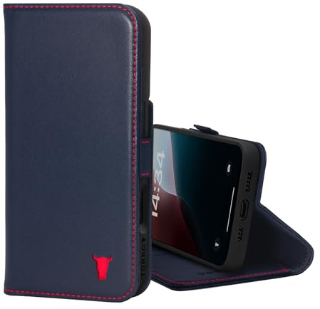 TORRO Leather Case Compatible with iPhone 16 – Premium Leather Wallet Case with Kickstand and Card Slots (Compatible with Official MagSafe Chargers) - Navy Blue