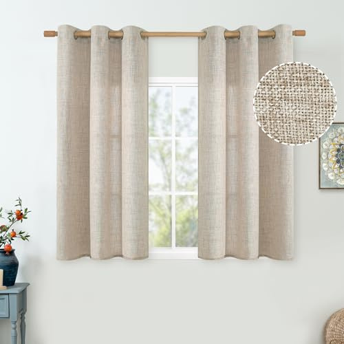 QUEMAS Lot de 2 rideaux courts à œillets pour petite fenêtre, en lin type jute, épais, semi-transparents, filtrant la lumière, pour chambre, cuisine, ferme, naturel, 137 x 107 cm