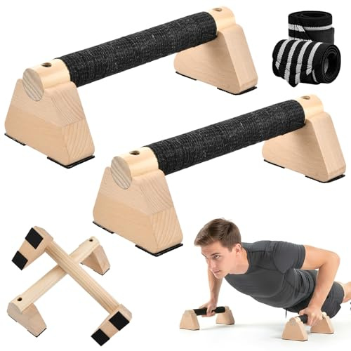 Parallettes, 2 Poignées de Pompes en Bois Antidérapantes, Barres Parallèles 25 cm avec Protège-Poignet, Barres Push up en Bois, Barre Parallèle Calisthenics pour Gymnastique, Fitness, Musculation