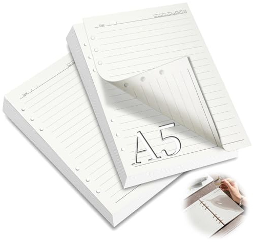 mawmuaw Ringbucheinlagen A5 Liniert, 2 Packungen Nachfüllpapier 6 Loch Ringbuch A5 Nachfüllbar 120 Blätter Refill Paper Nachfülleinlagen Notizpapier für Tagbuch Notizbuch Skizze Malerei Agenden