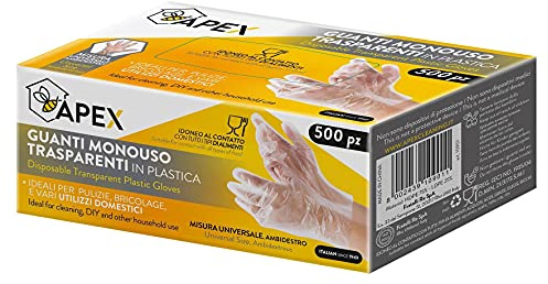 Apex Guanti Monouso Usa e Getta, 500 pezzi, Trasparenti in plastica adatti per contatto con Alimenti