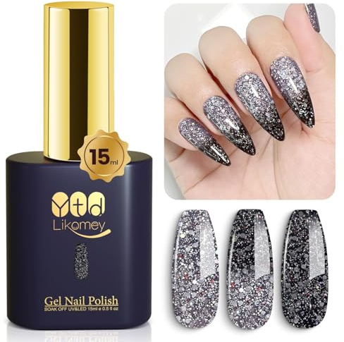 YTD Likomey UV Nagellack Farbwechsel Thermo Farbgel,15ml Grau lila Schwarz Glitzer Gel Chamäleon Nagelgel UV/LED Color Change Gellack,WB210